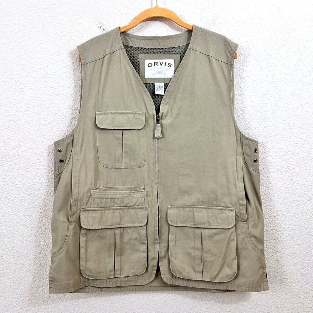 Orvis Size L Men Beige Fly Fishing Camping Hunting Full Zip Utility Pockets Vest